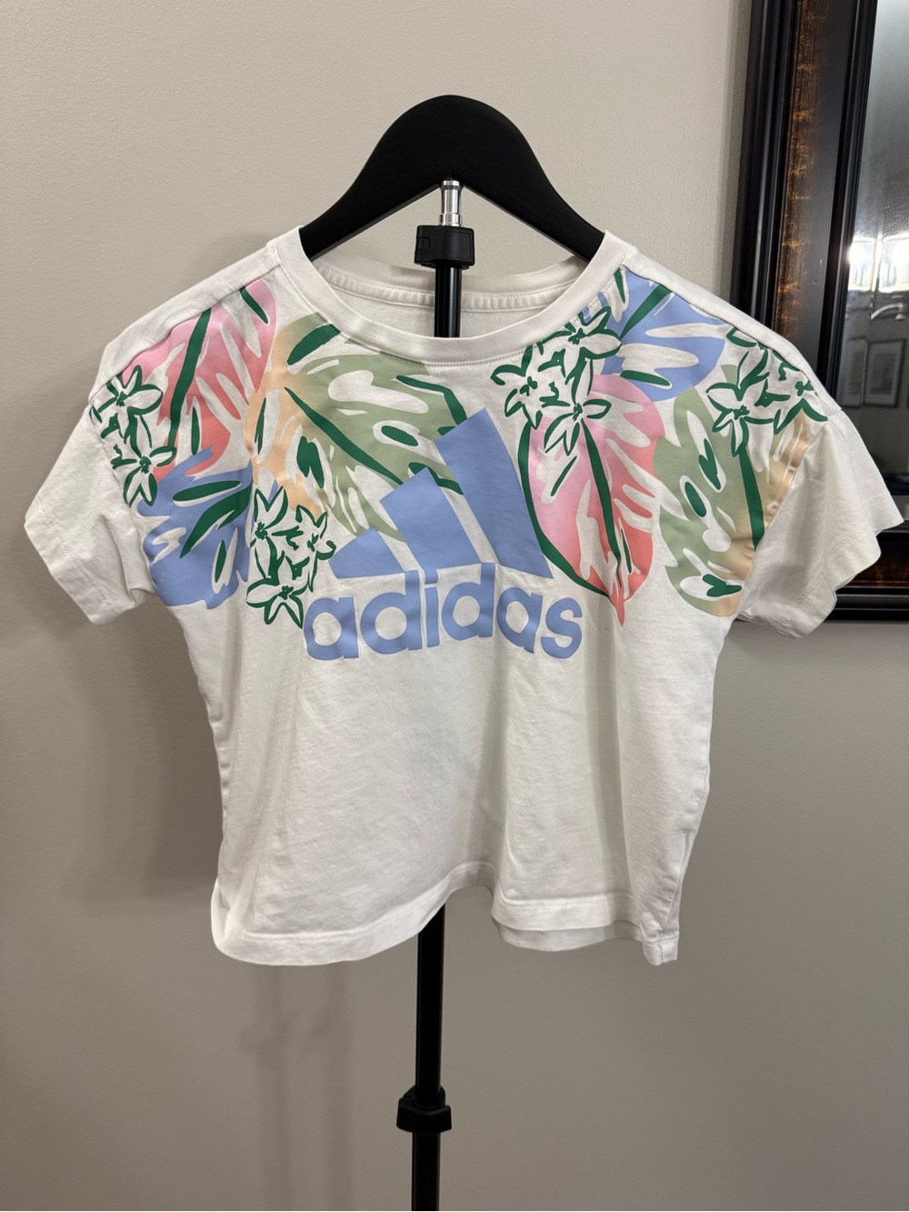 adidas White Crop Top with Pastel Tropical Print